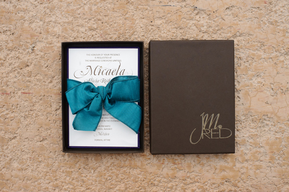brown and teal wedding invitation